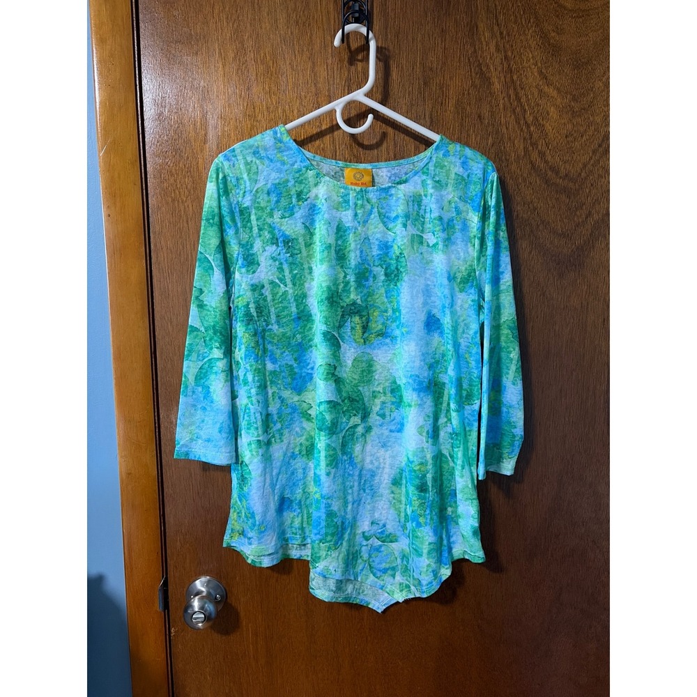 Ruby Rd Womens Blue Green Abstract Leaf Print 3/4 Sleeve Asymmetric Top L 25451W